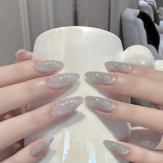 Sparkling Sheer Nude Press-On Nails | Subtle Glitter & Glossy Finish for a "Clean Girl" Aesthetic